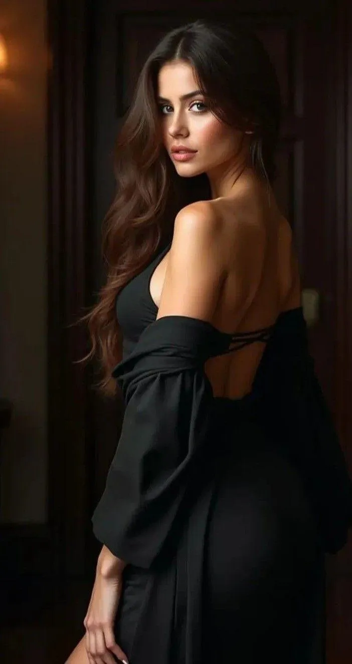Elegant Woman in a Black Dress Posing Near a Doorway Light