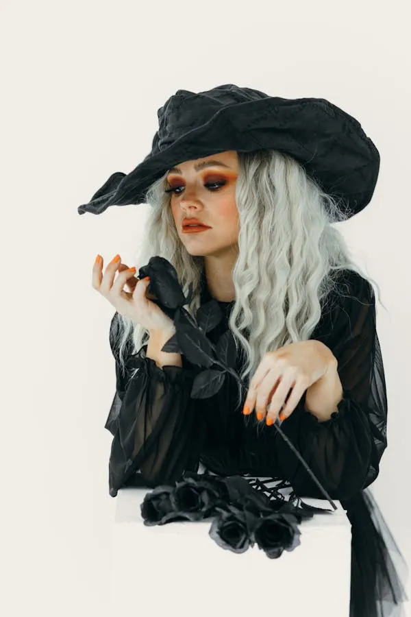 Fashion Model in a Dramatic Black Outfit and Large Dark Hat