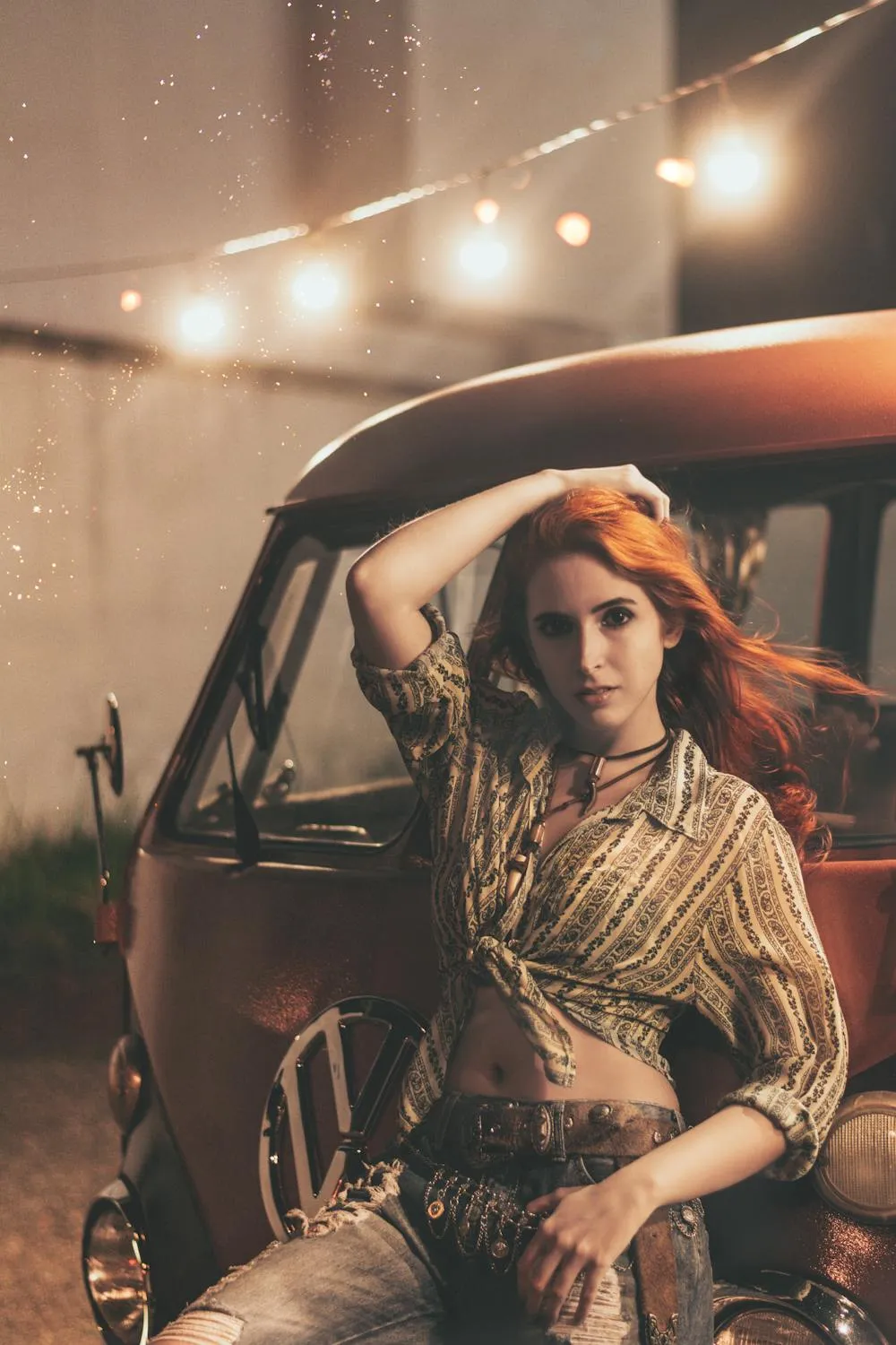 Female Model with Red Hair Posing by Vintage Volkswagen Van