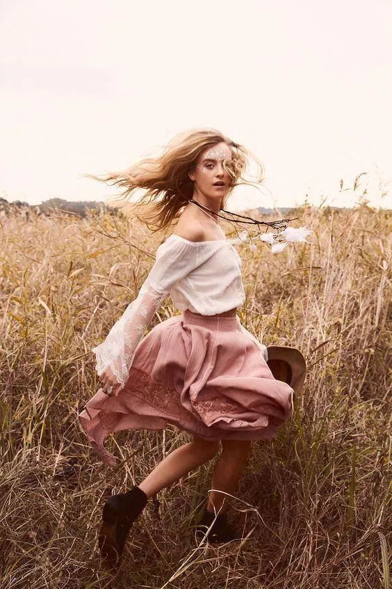 Girl in a Flowing Skirt Dancing in a Field of Tall Grass