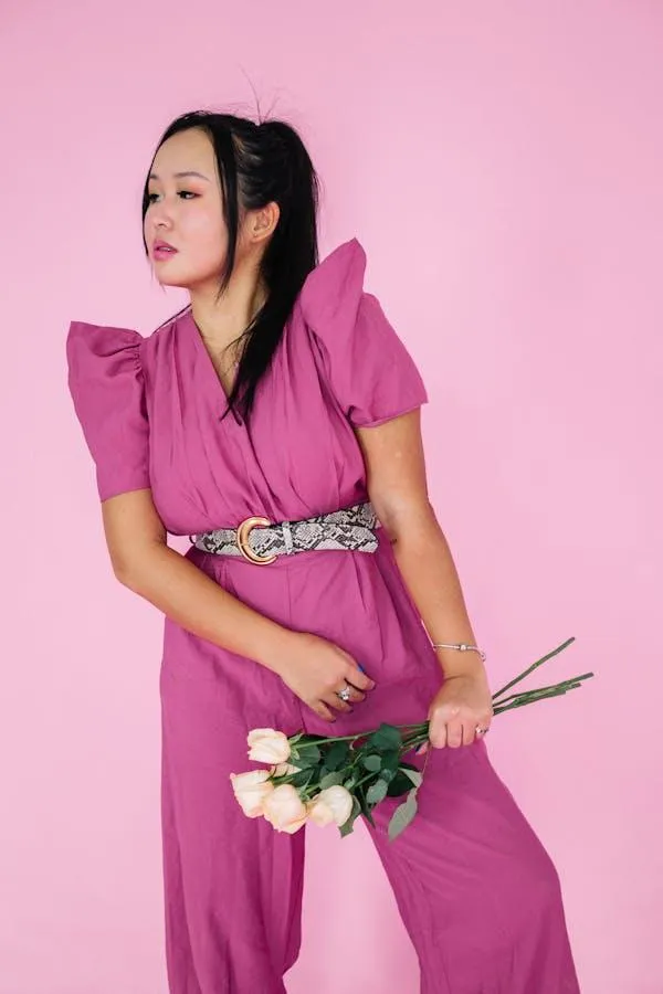 Girl in Pink Dress Holding Flowers with a Shy Expression