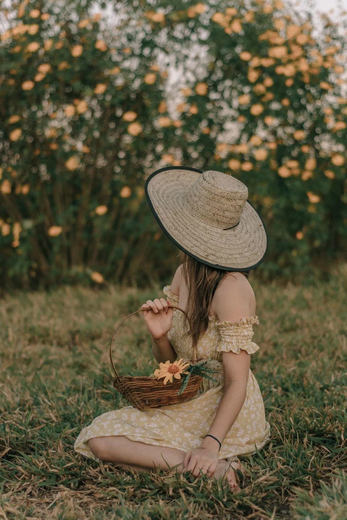 Girl Sitting on Grass Wearing a Wide Hat in Soft Sunlight