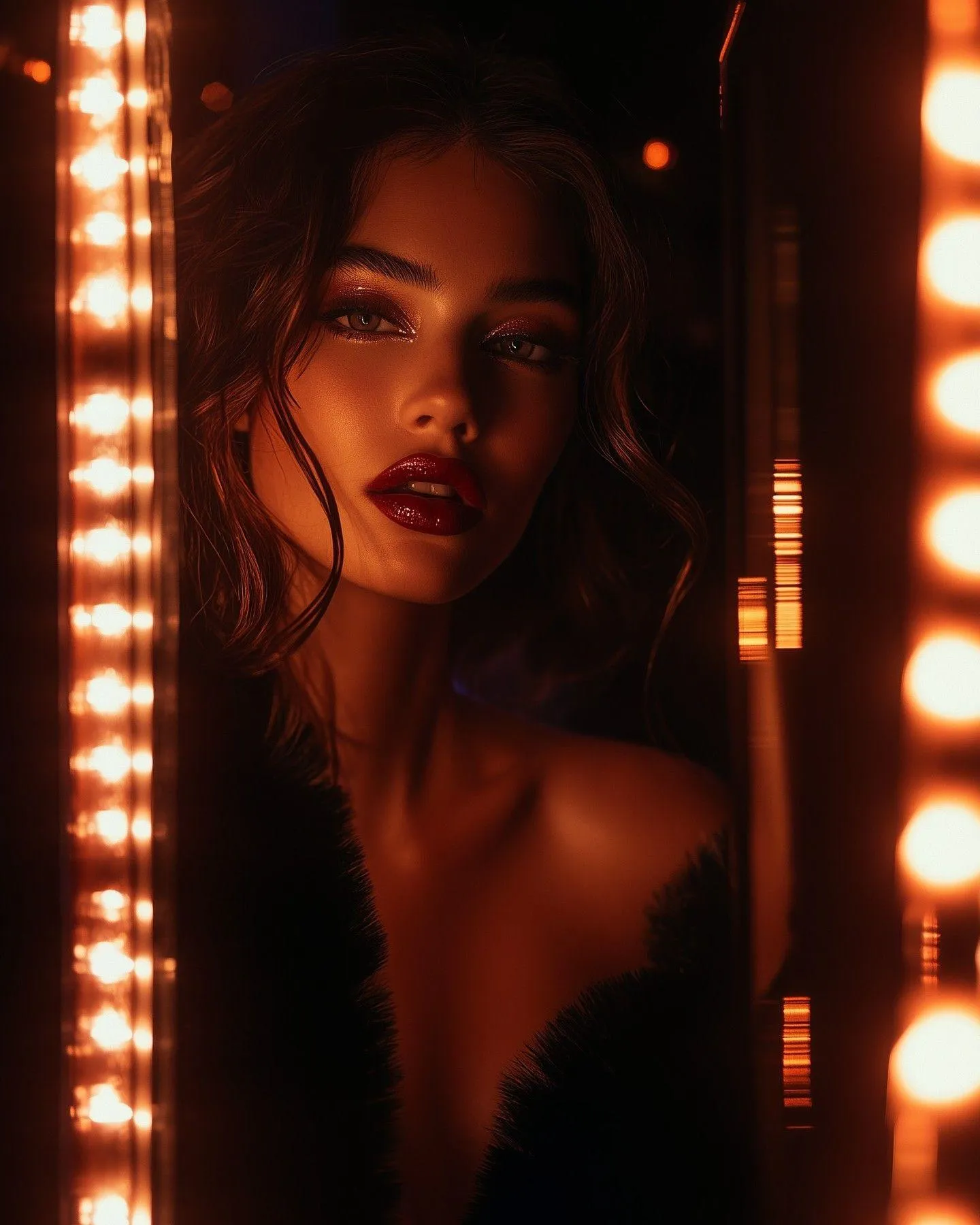 Glamorous Woman in a Black Outfit with Glowing Mirror Lights