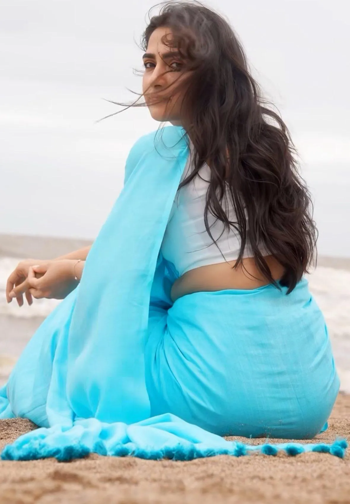 Gorgeous Rukmini Vasanth in Blue Saree by Seaside Wallpaper