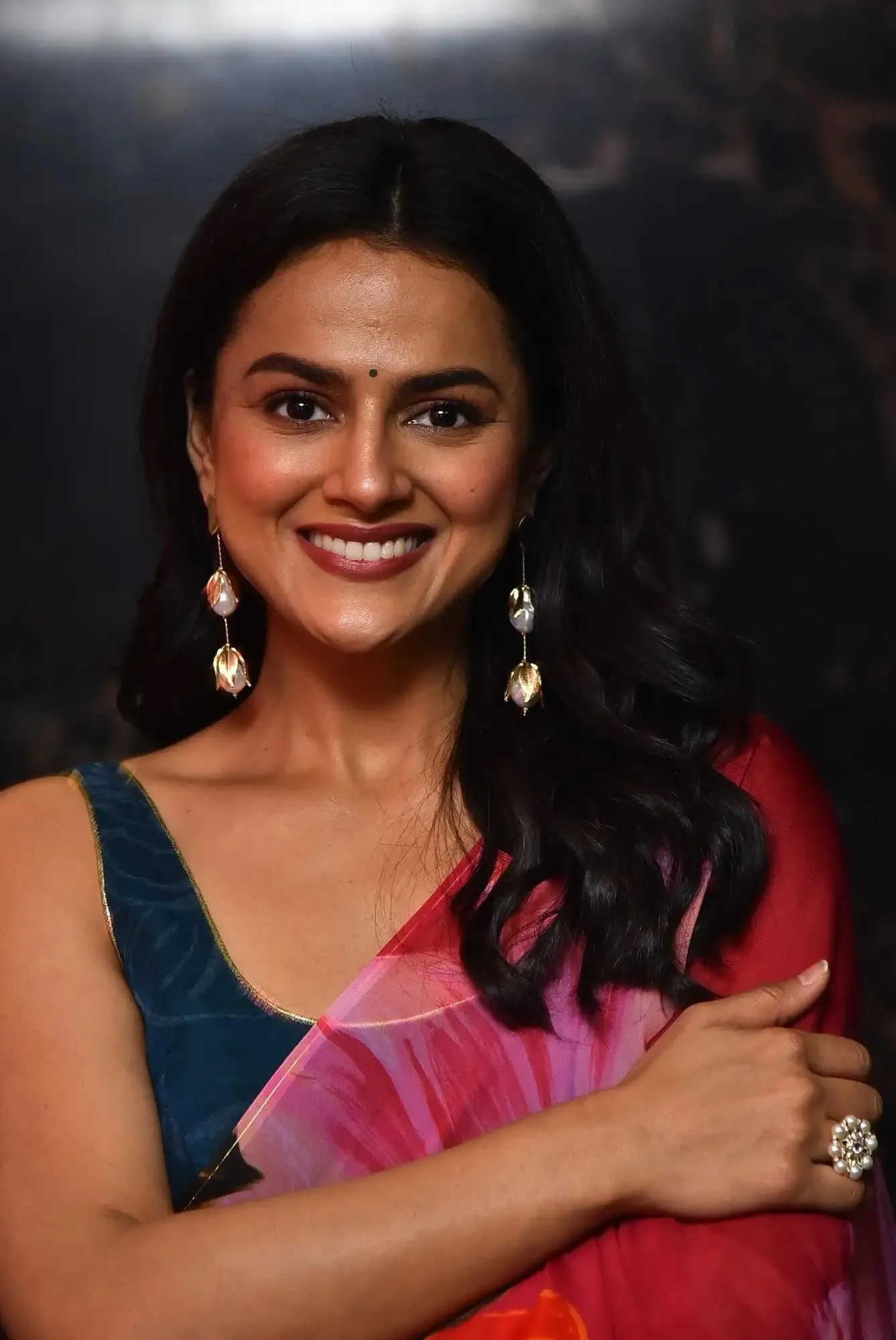 Gorgeous Shraddha Srinath in Red Saree with Bright Smile