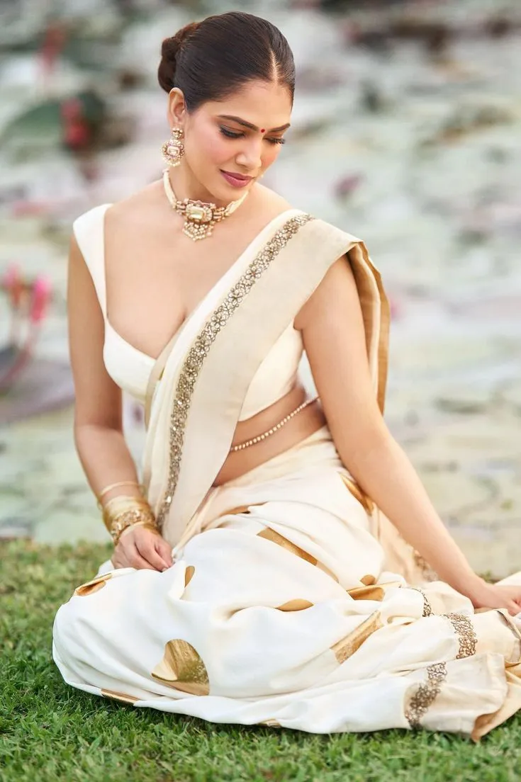 Hot image of Malavika Mohanan in a saree sitting outdoors