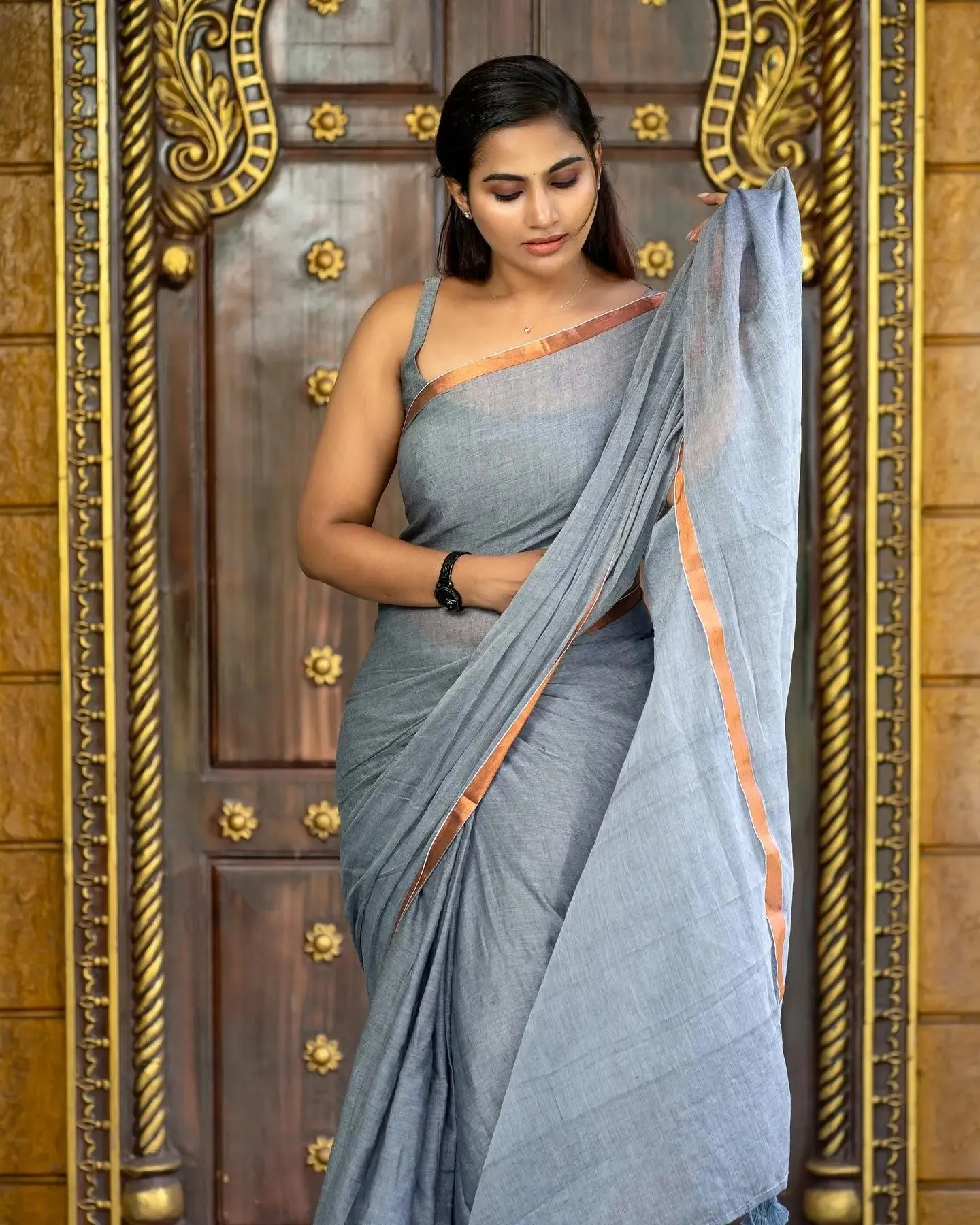 Hot Myna Nandhini in Silver Saree Stylish Indoor Pose Image