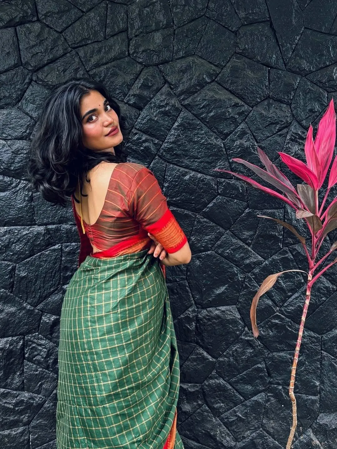 Hot Sandra Chaandy in Green Saree with Red Blouse Wallpaper