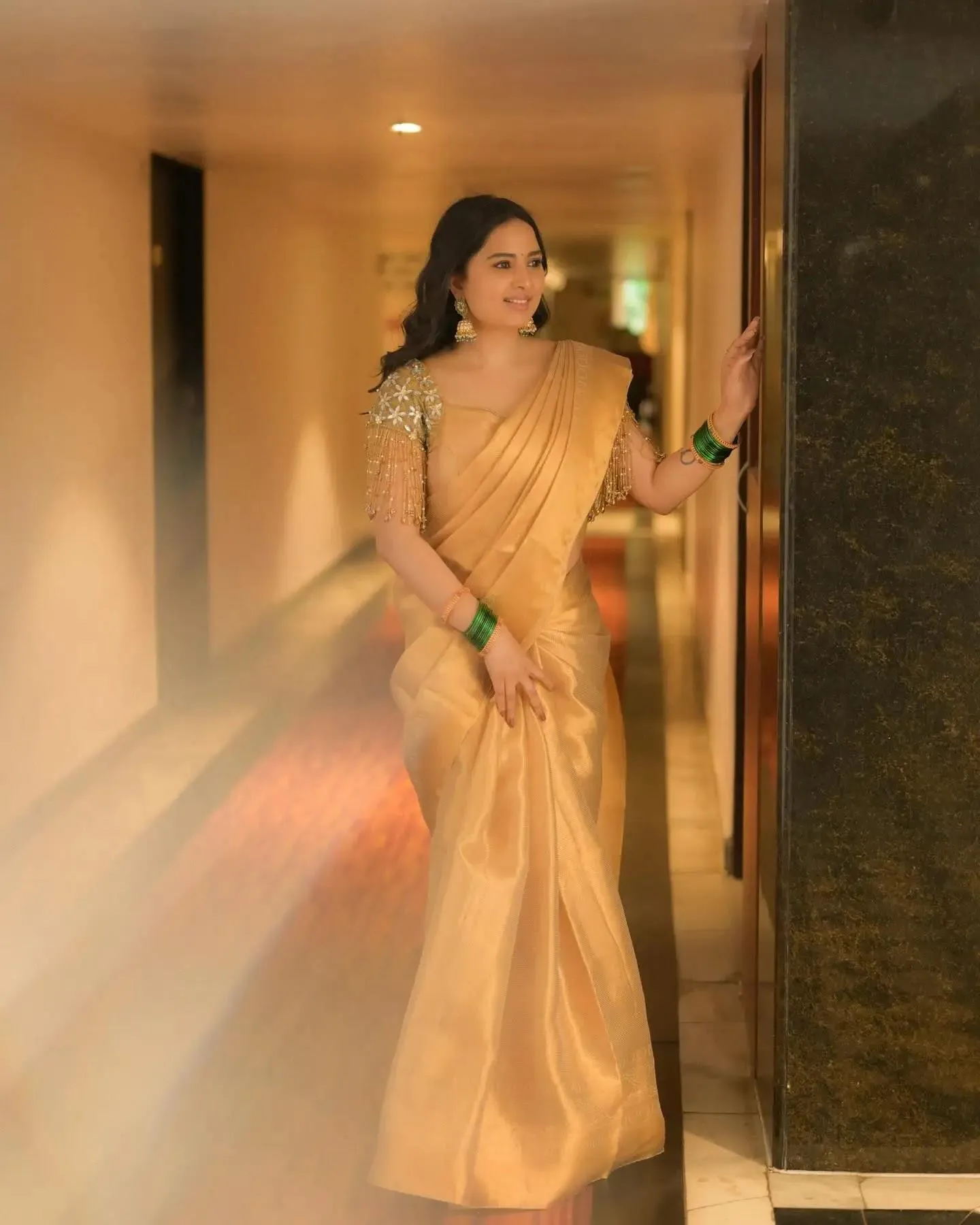 Hot Srushti Dange Elegance in Golden Designer Saree