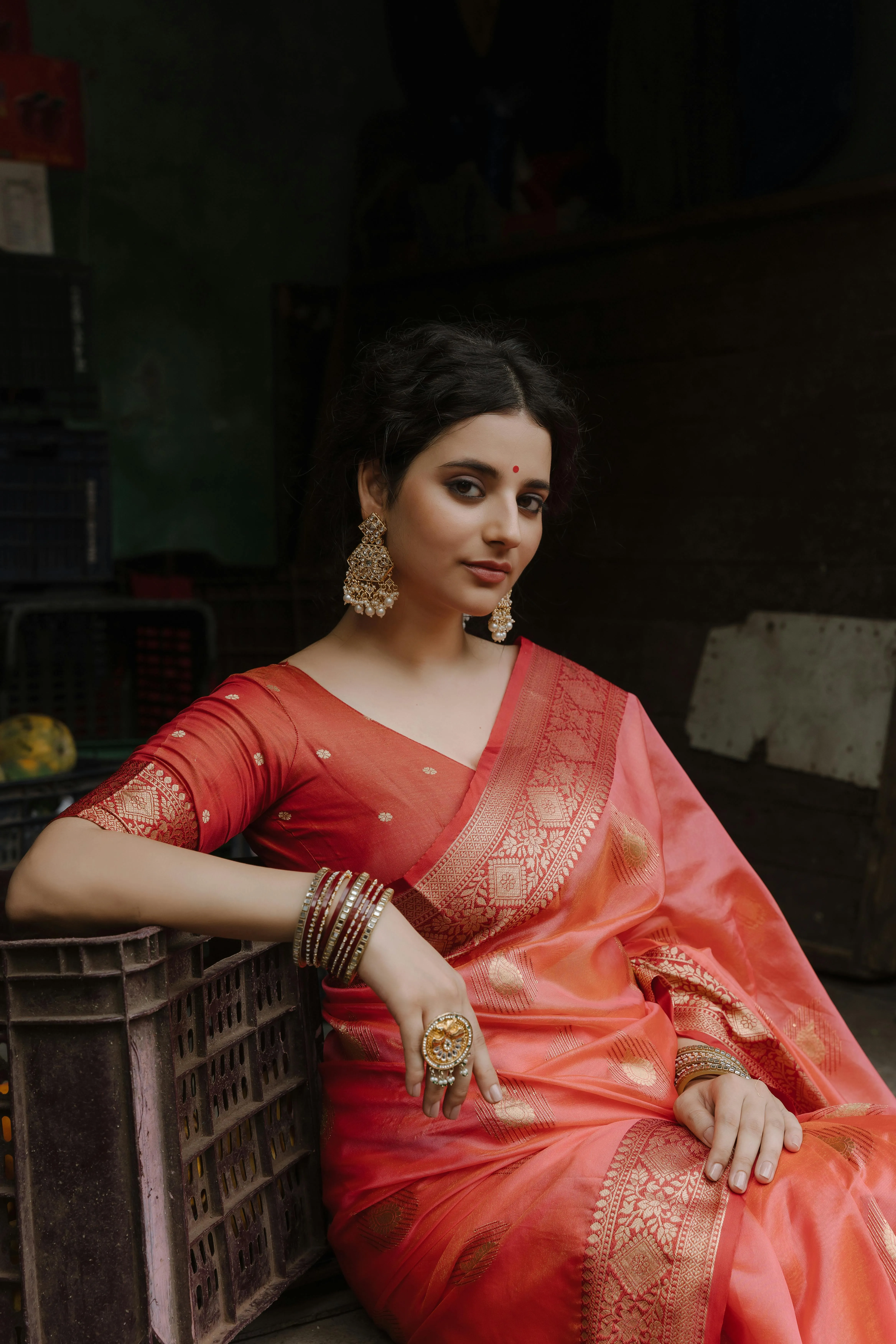 Hot Young Woman in Red Saree Indoor Classic Portrait Picture