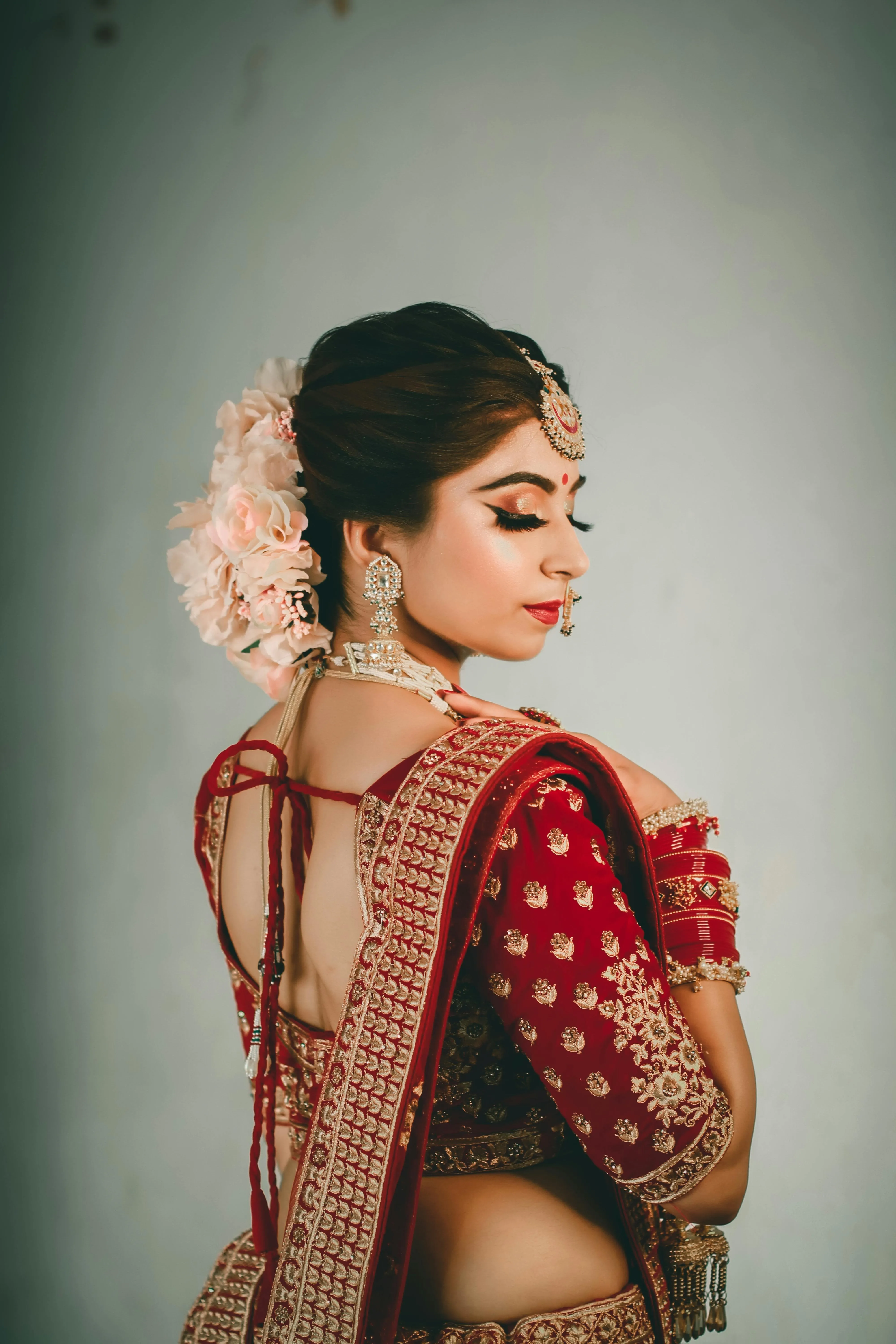 Hot Young Woman in Red Saree Side Profile Portrait Pose