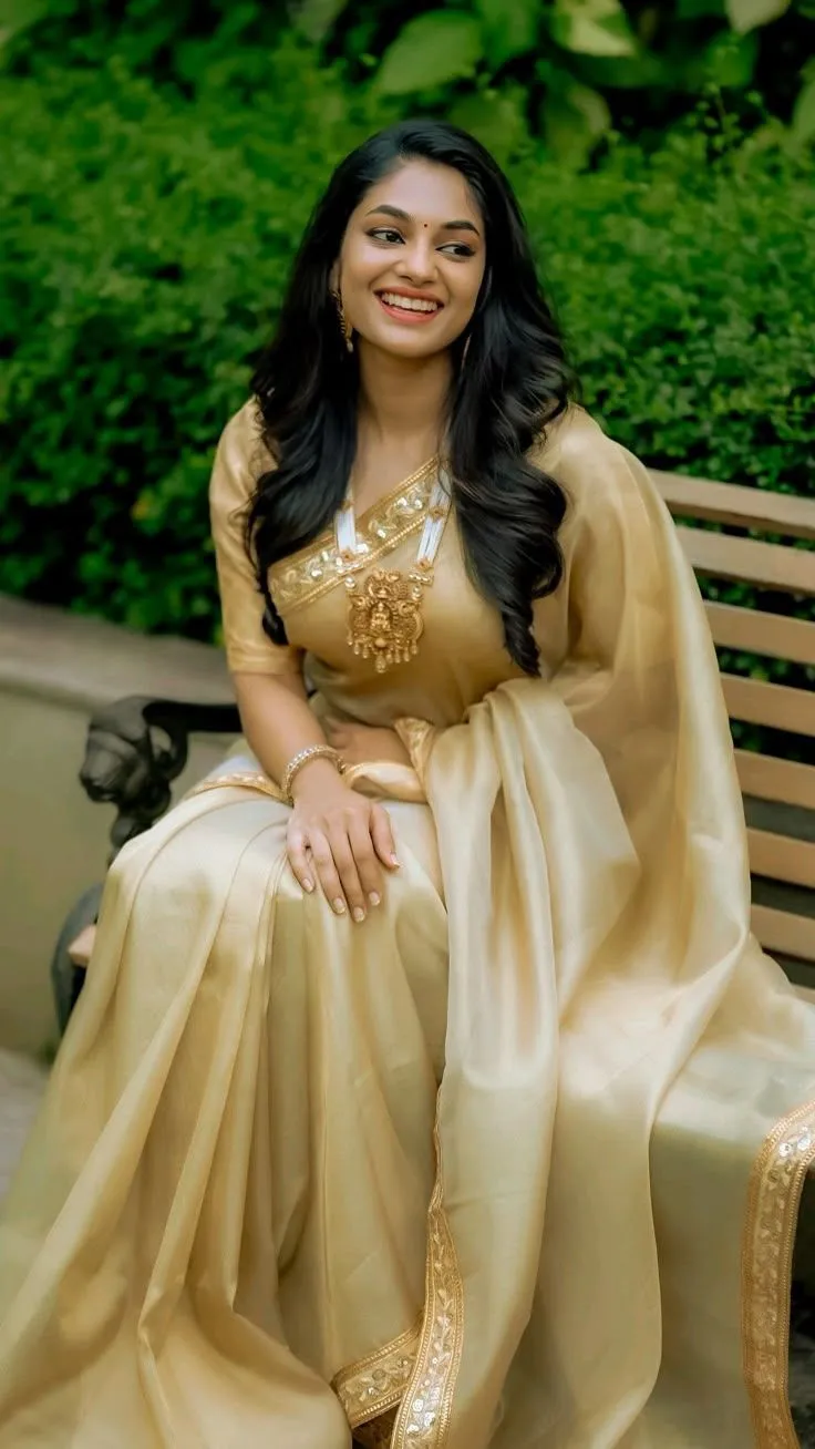 Ivana in a golden saree sitting on the beach bench wallpaper
