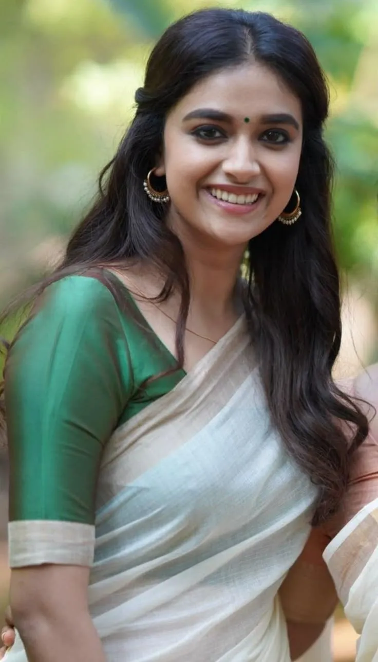 Keerthy Suresh in a white saree with a smile free wallpaper