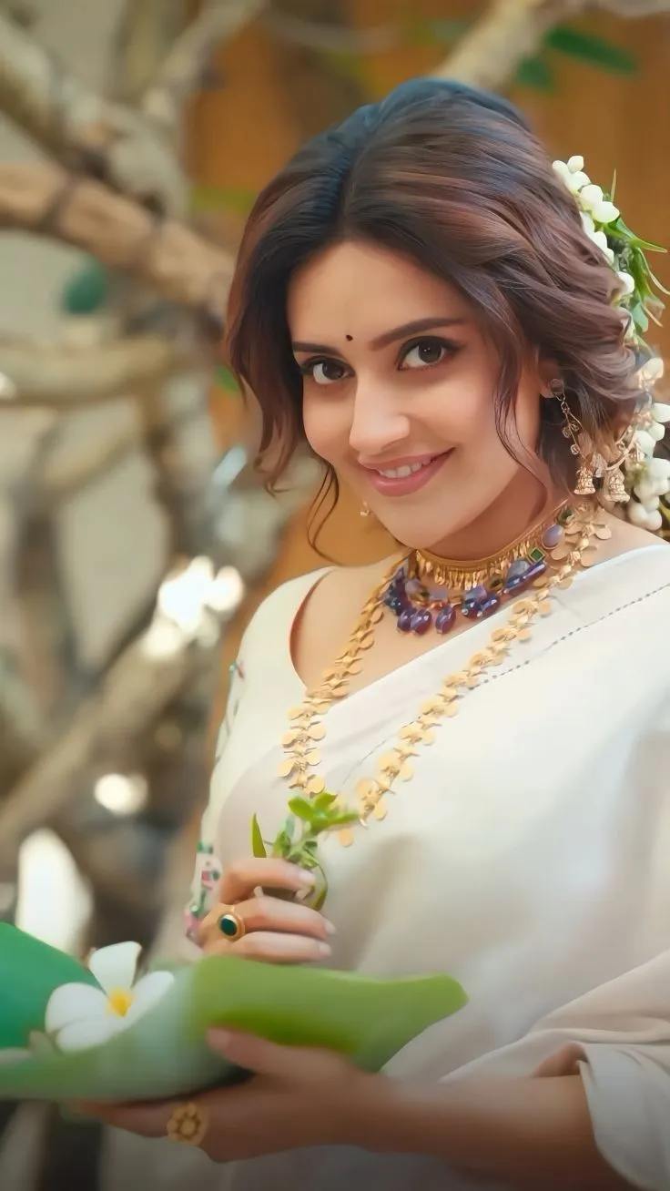 Mahima Nambiar in a white saree holding a banana leaf image