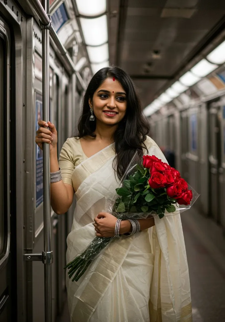Married woman in the train wearing a Kerala saree wallpaper