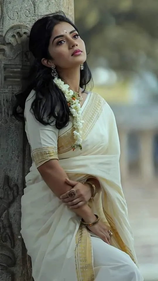 Megha Shetty in Nariyal Saree lying on the pillar wallpaper