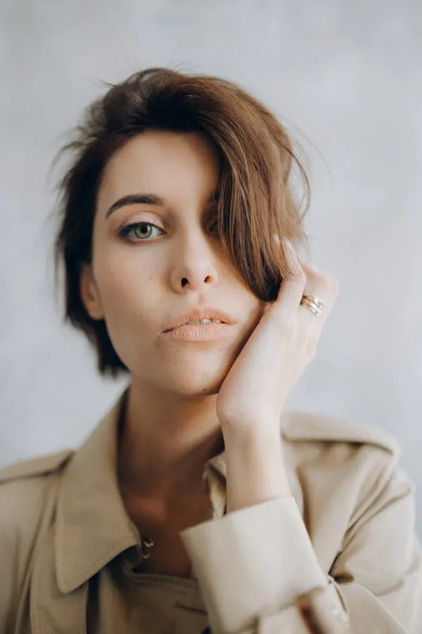 Modern Woman with Short Hair and Her Hand on Her Face Image