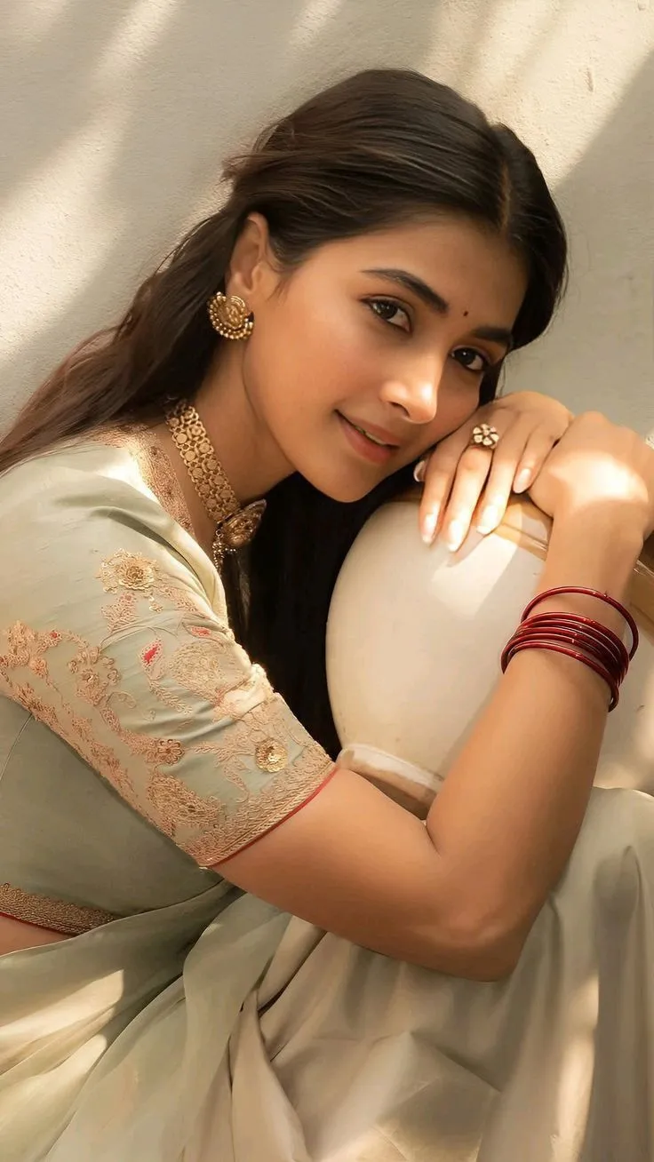 Pooja Hegde sitting near the wall wearing a saree wallpaper