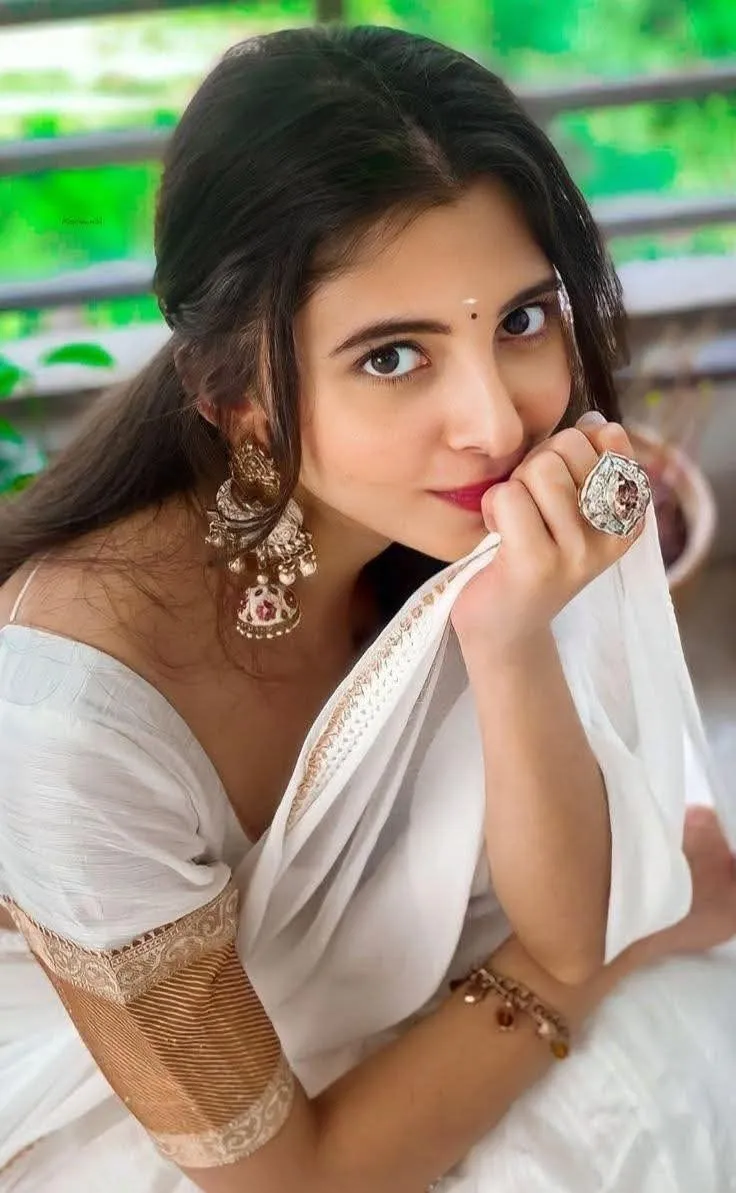 Preethi Asrani in a traditional saree sitting with calm pose