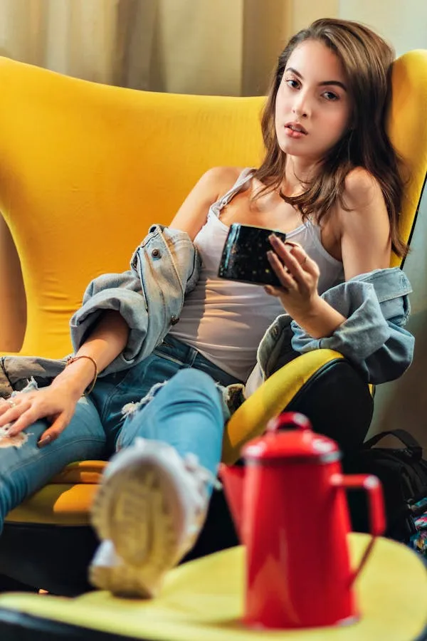 Relaxed Woman on a Yellow Couch with Coffee and Snacks Image