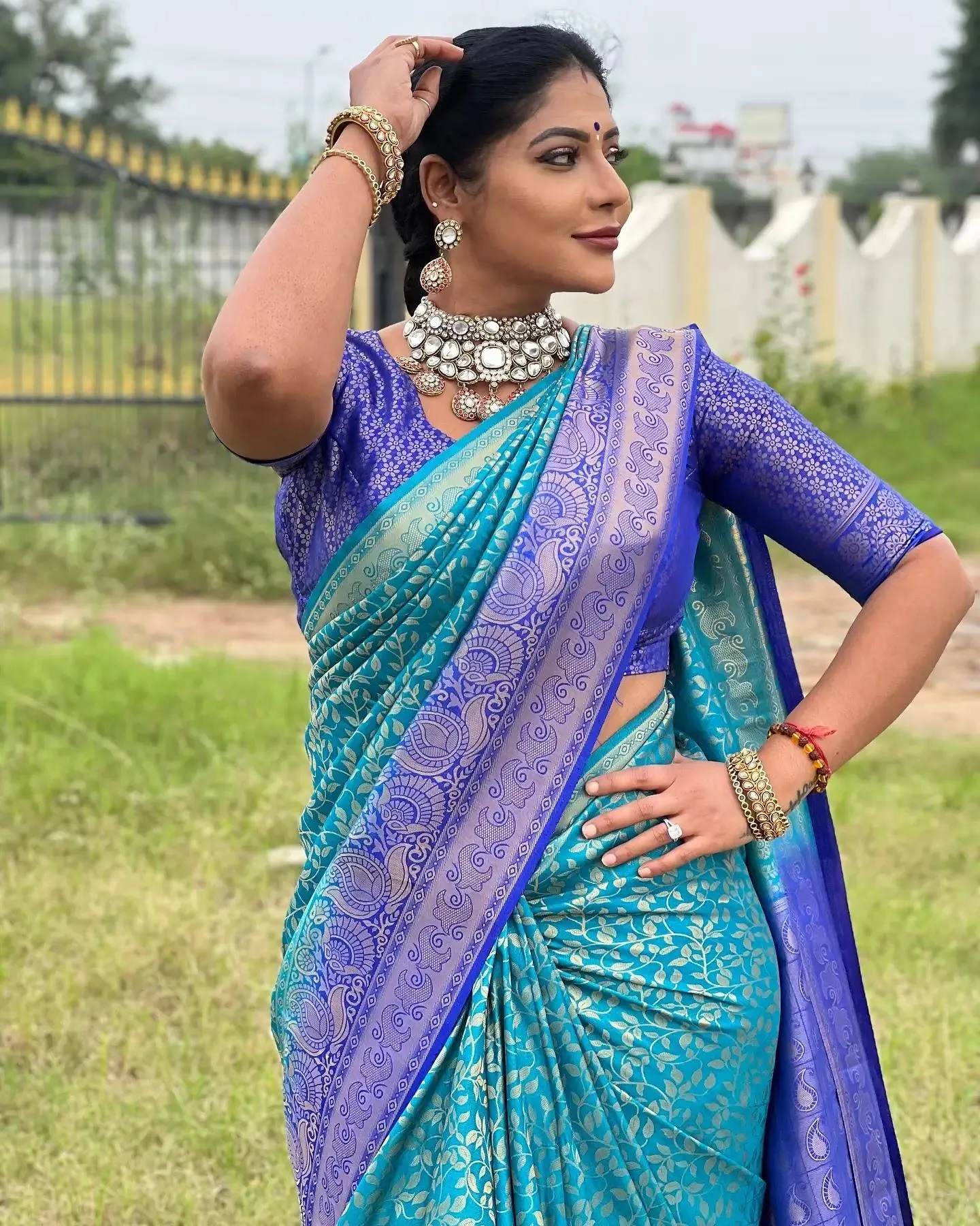 Reshma Pasupuleti in Blue Saree Posing Gracefully Calm Image