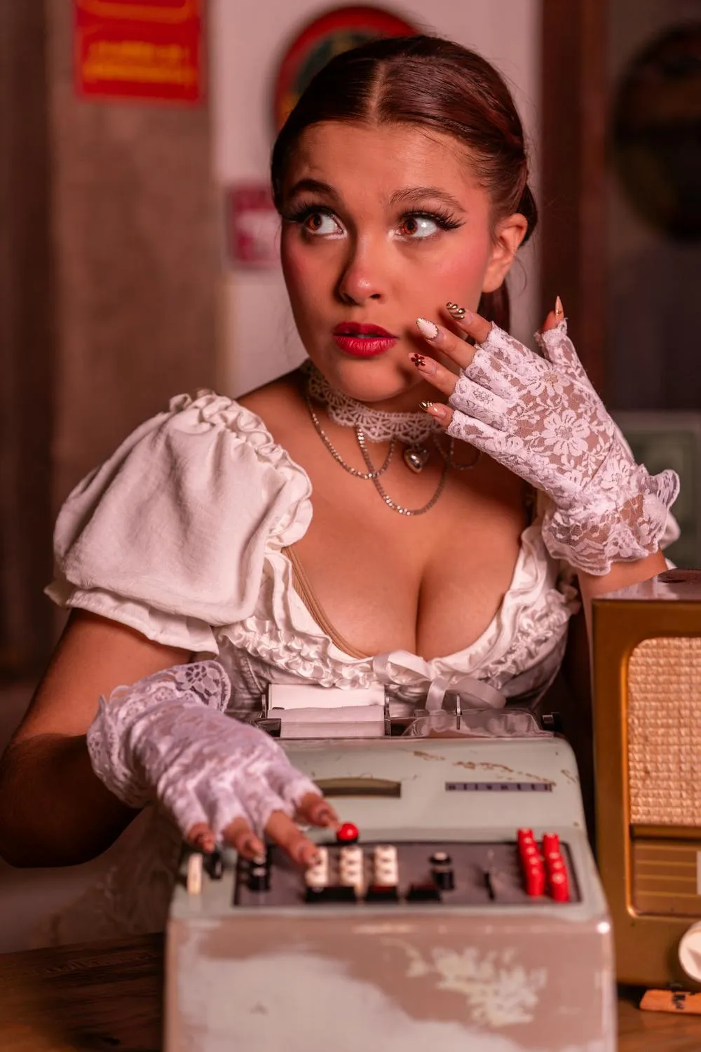 Retro Styled Image of a Woman in Vintage Clothing and Gloves