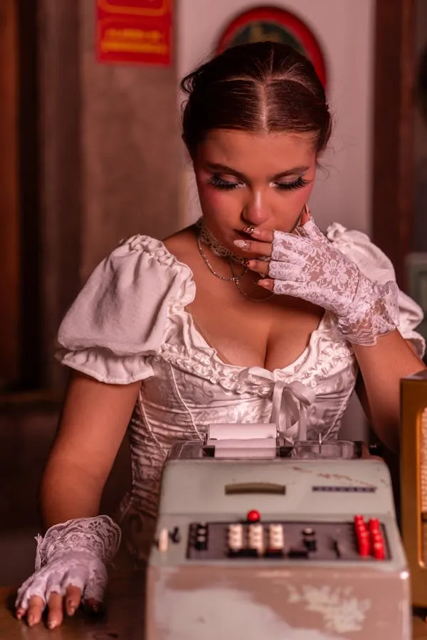 Retro Themed Woman Using a Vintage Machine in Soft Light
