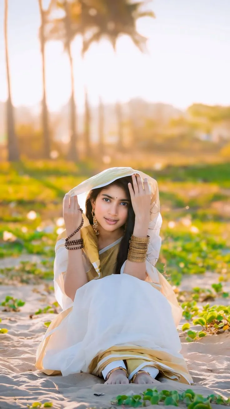 Sai Pallavi sitting on beach wearing a white and gold saree