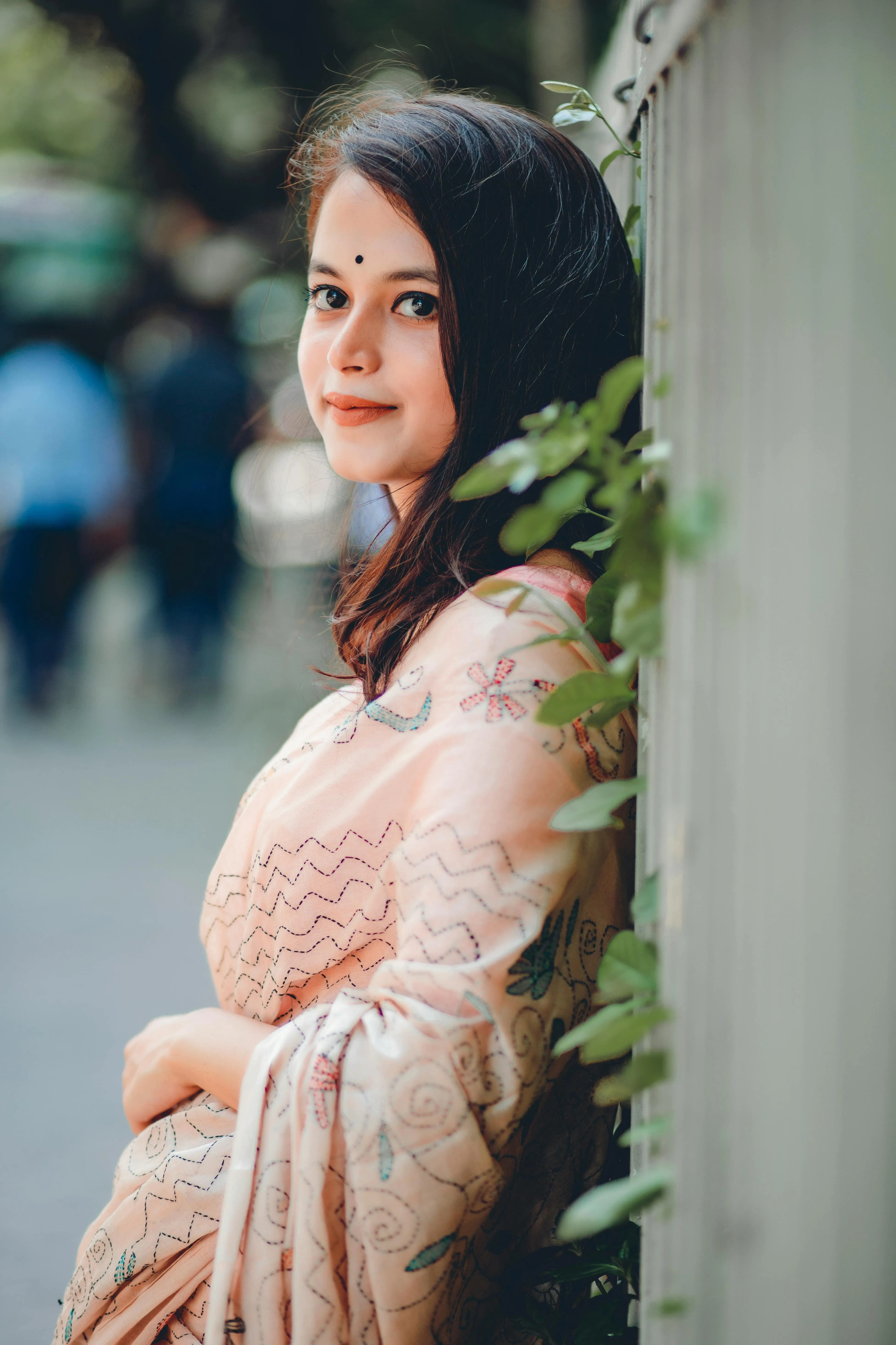 Sensual Young Woman in Cream Saree with Floral Style Picture