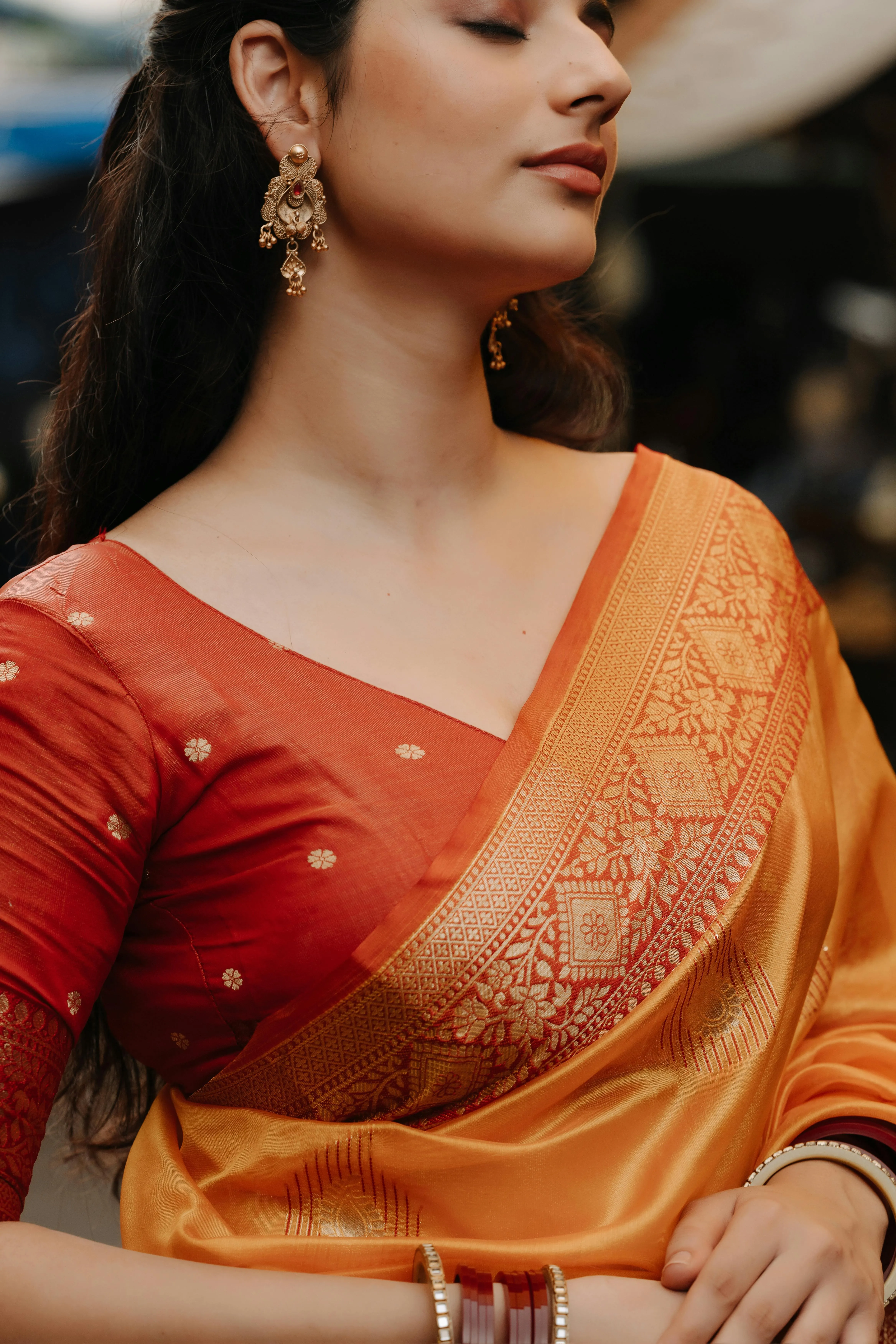 Sensual Young Woman in Golden Saree Close Up Portrait Image