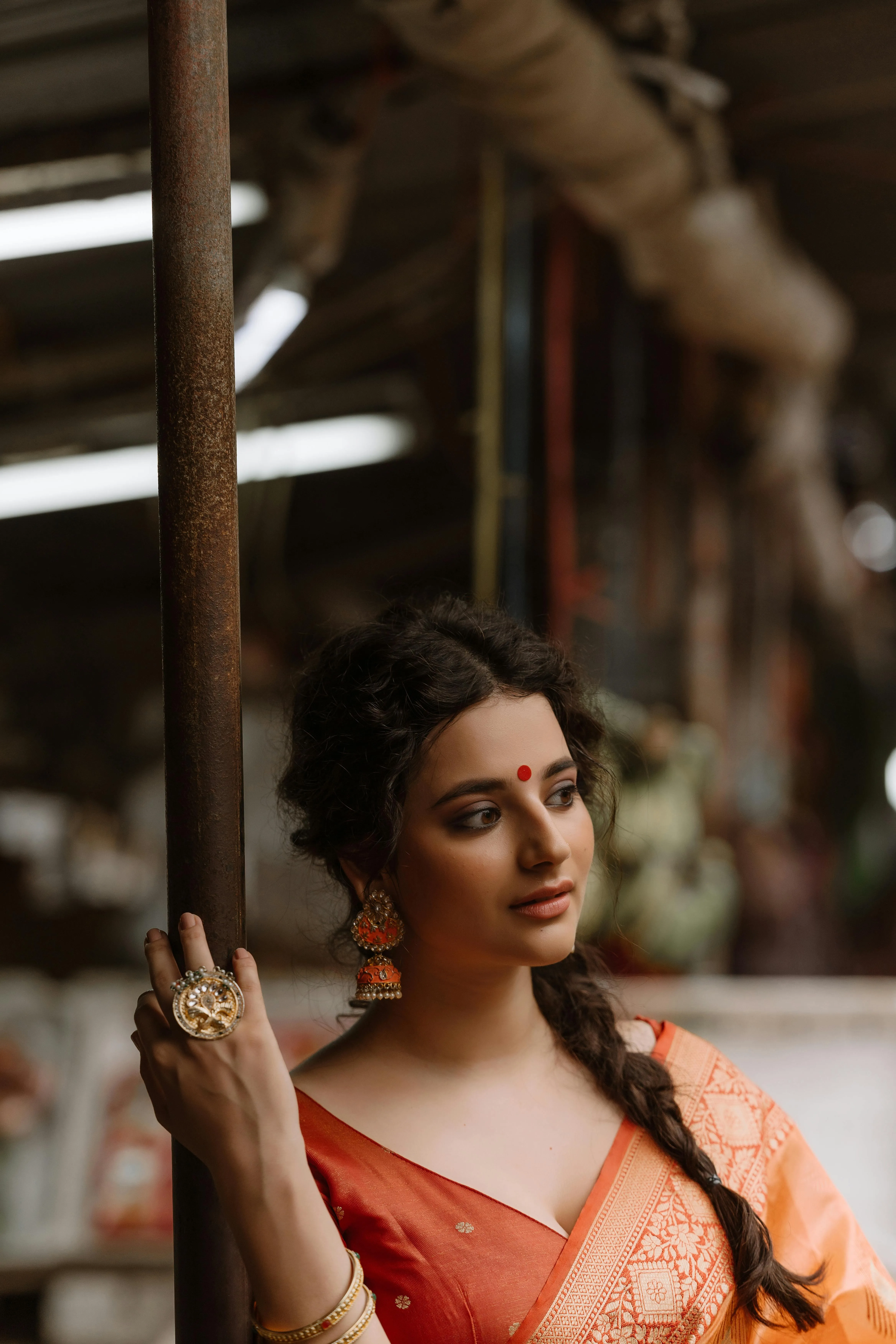 Sensual Young Woman in White Saree Resting Elegant Pose