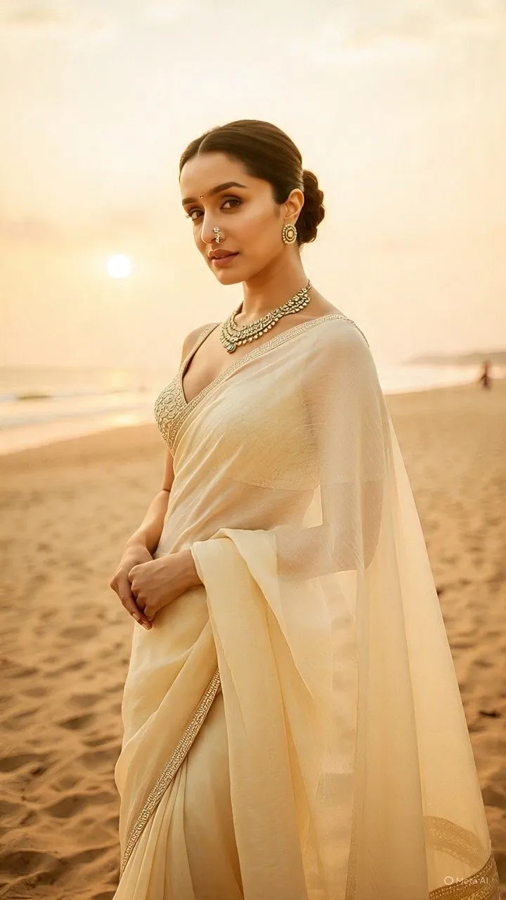Shraddha Kapoor in a white saree standing on the beach image
