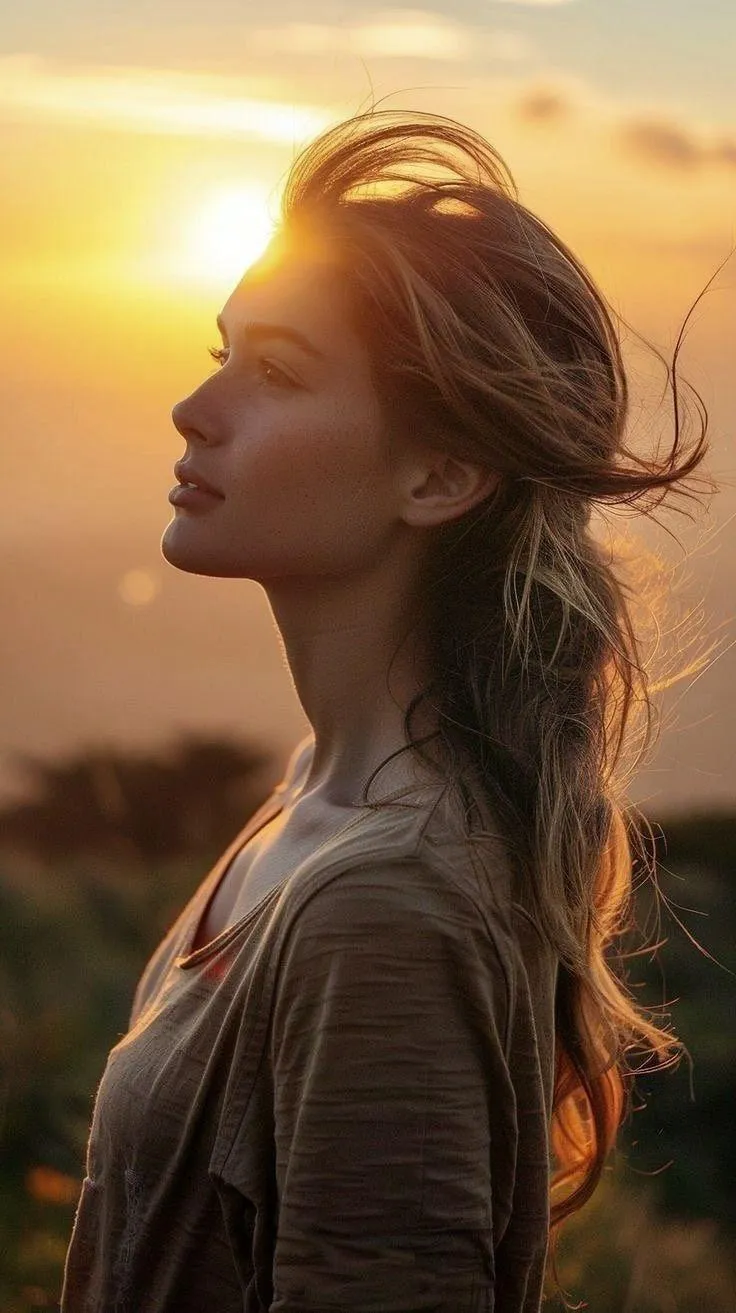 Side View of a Woman Glowing Softly At Sunset Golden Hour