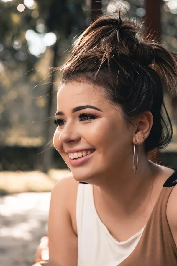 Smiling Cute Woman in Casual Wear with Natural Background