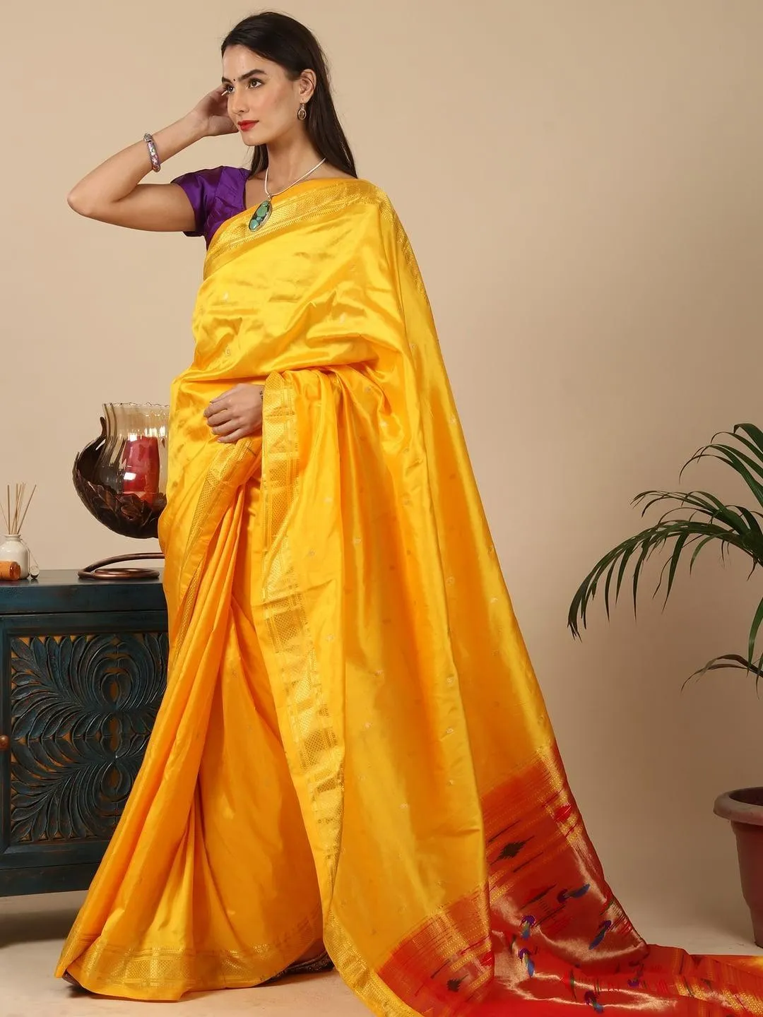 Stunning Beauty in Bright Yellow Silk Saree Look Wallpaper