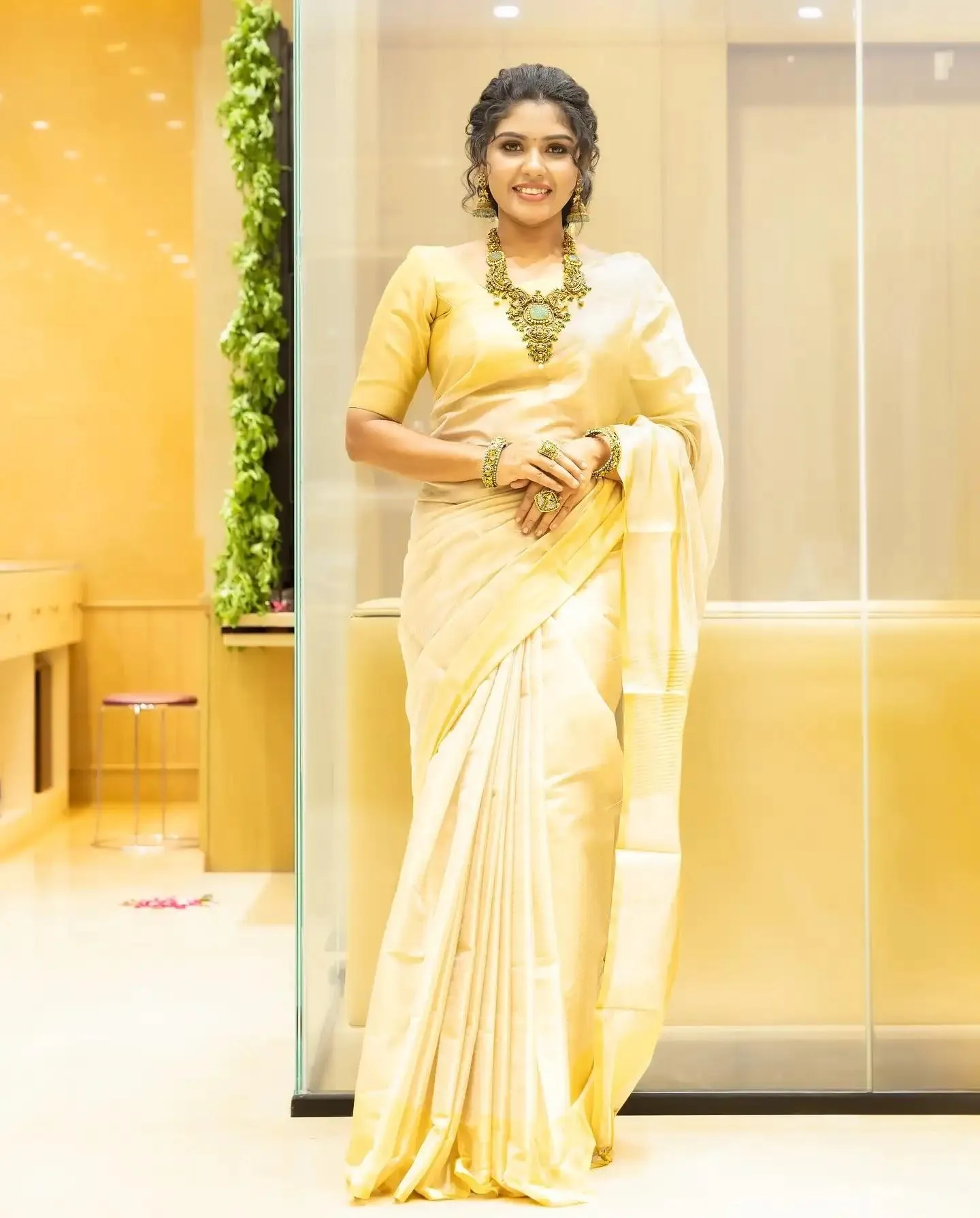 Stunning Hema Rajkumar Looking Elegant in Cream Golden Saree