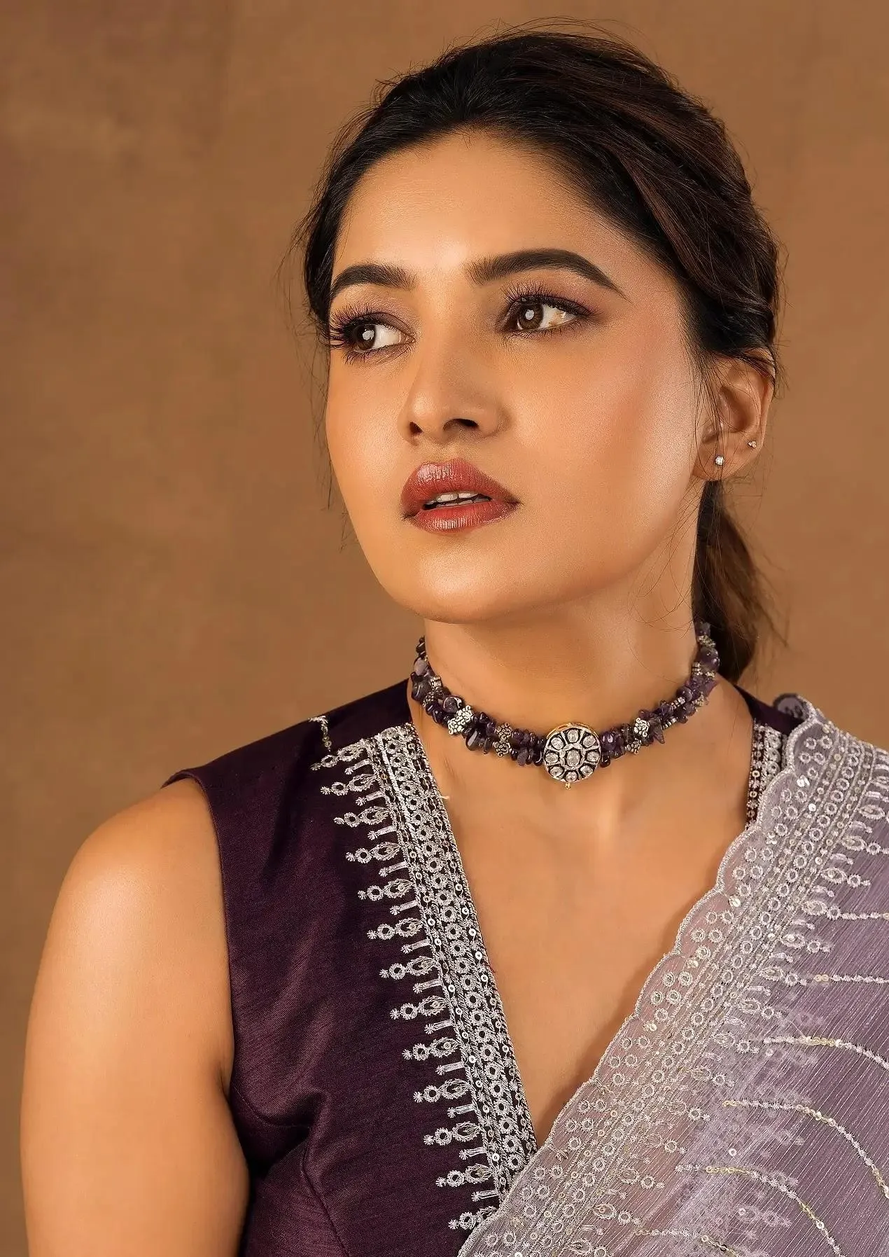 Stunning Vani Bhojan in Lavender Saree Indoor Pose Wallpaper