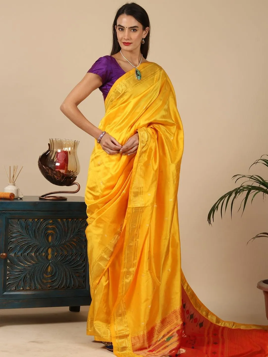 Sultry Woman Radiant Yellow Traditional Look in Saree Image