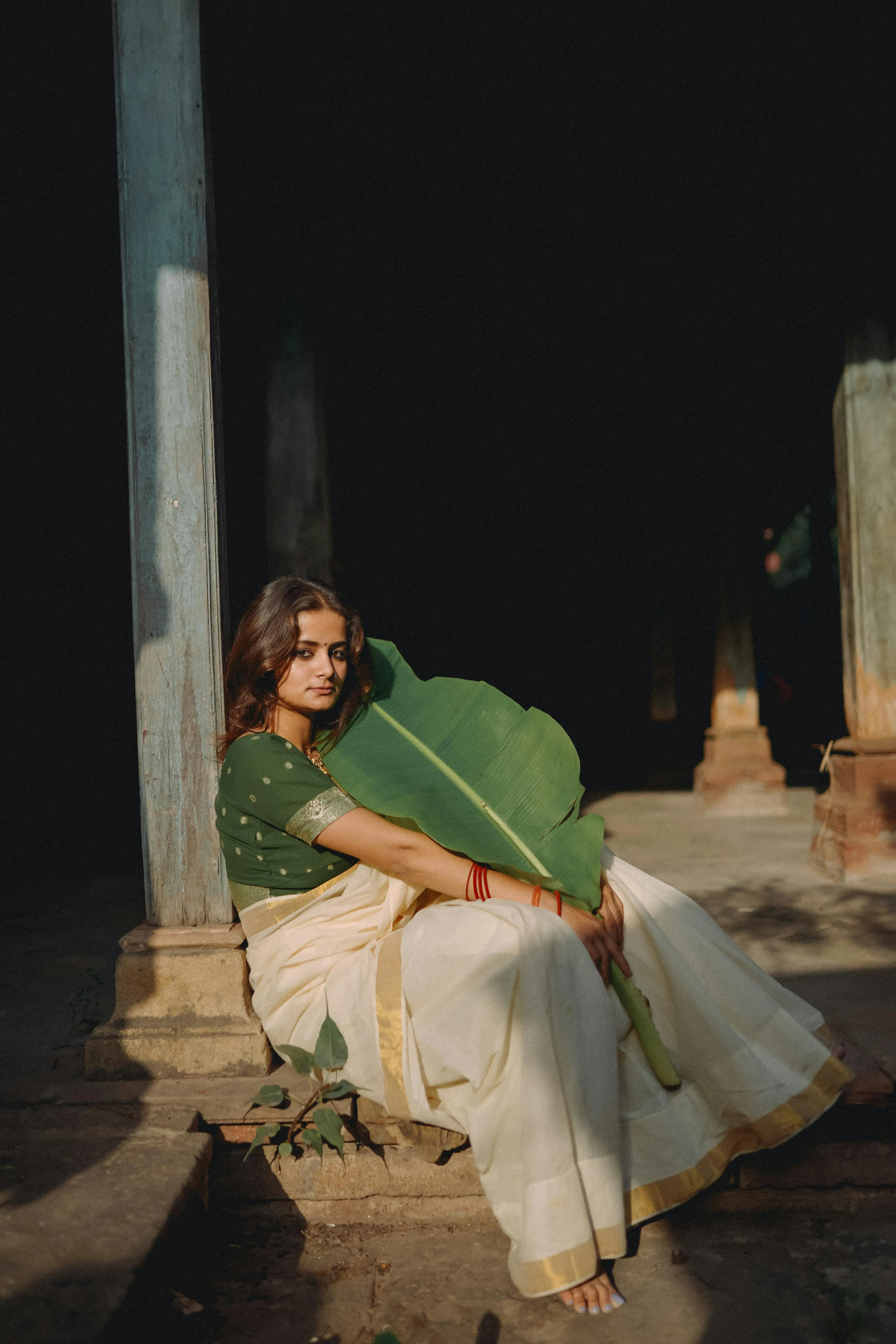 Sultry Young Woman in Green Saree Seated Graceful Pose Image
