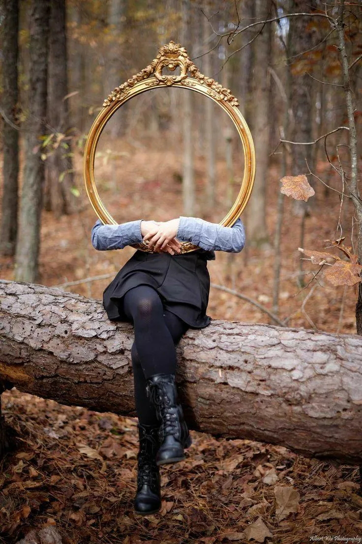 Surreal Forest Portrait of Woman Holding Ornate Mirror Frame
