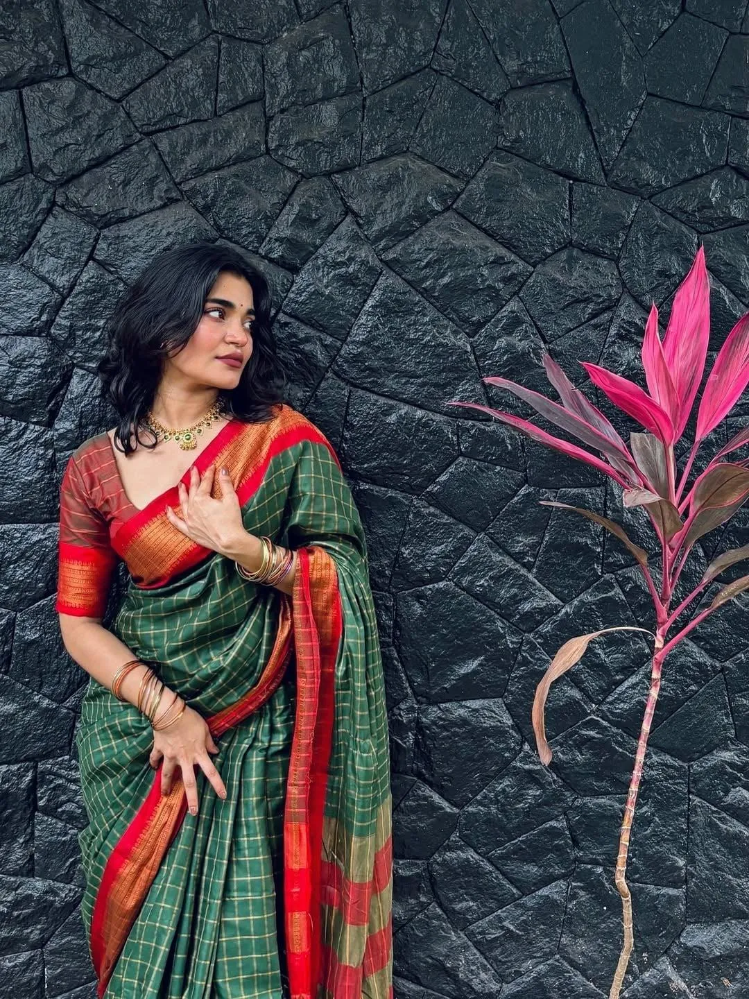 Tempting Sandra Chaandy in Red Saree Outdoor Standing Image