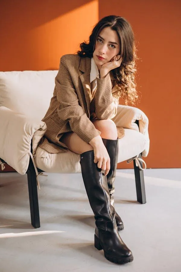 Trendy Woman Sitting on a Chair in Cozy Autumn Fashion Shoot