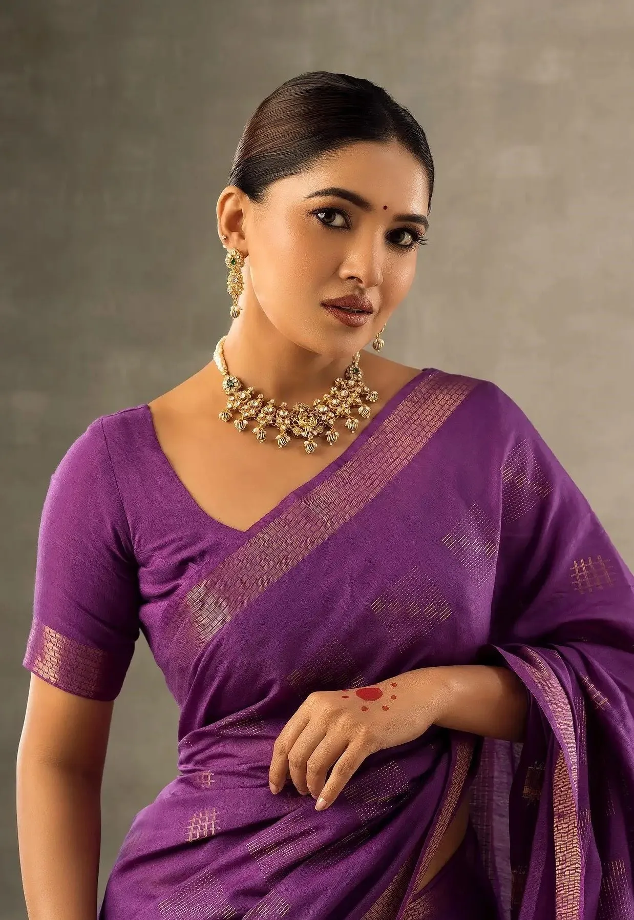 Vani Bhojan in Purple Saree Posing with Gentle Smile Image