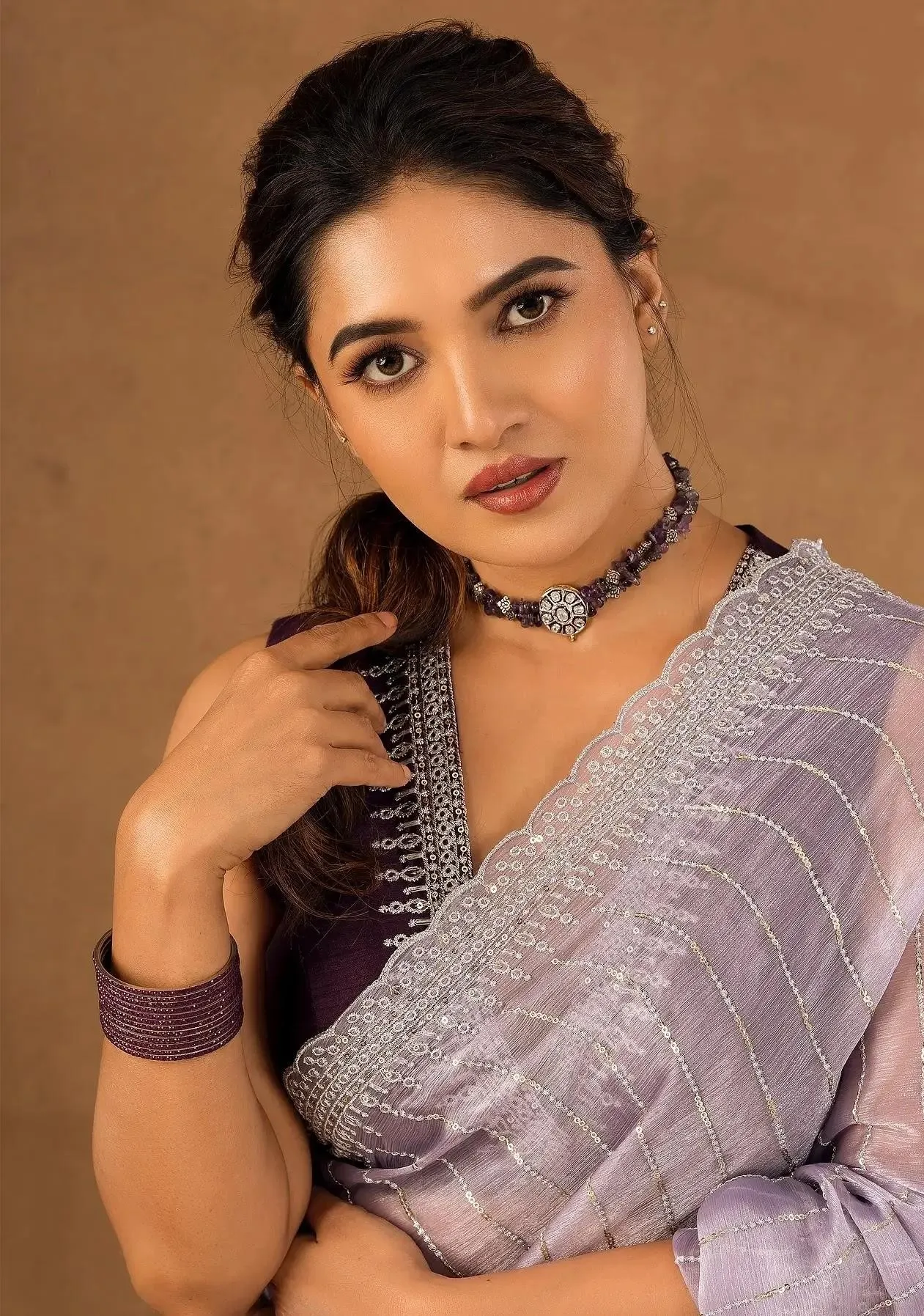 Vani Bhojan in Silver Saree Posing Elegantly Indoors Picture