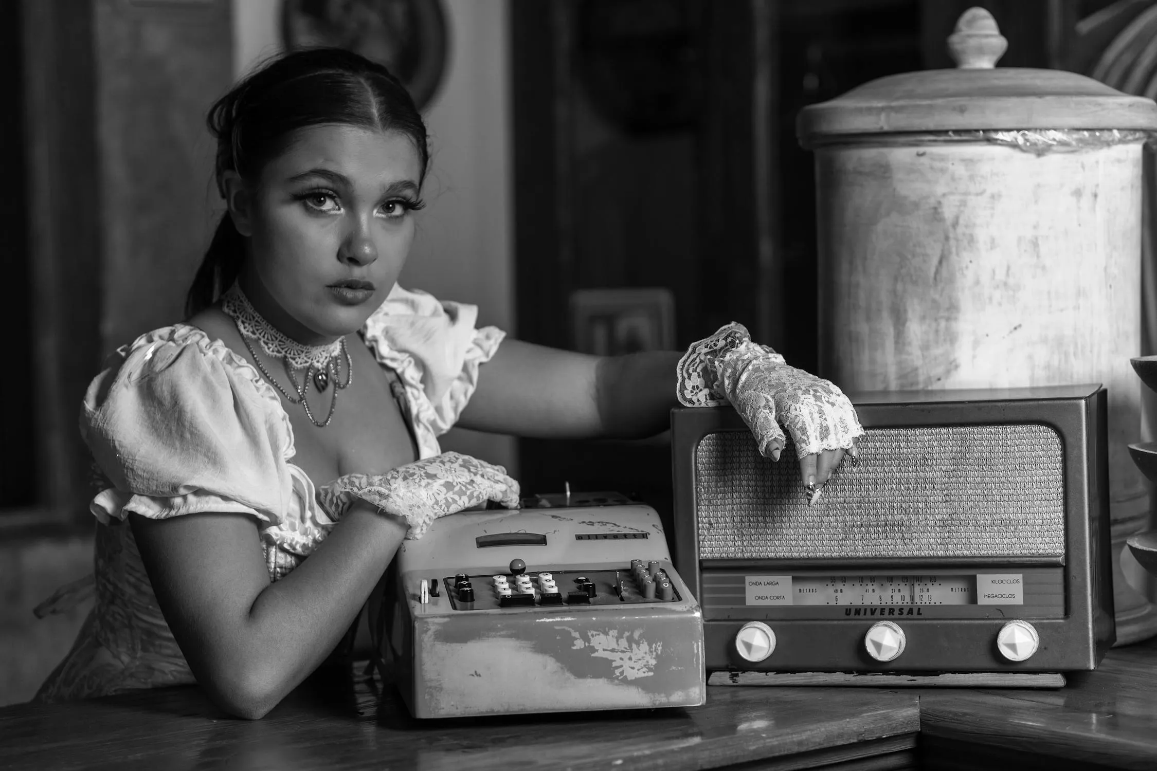 Vintage Black and White Photo of a Woman in Period Costume