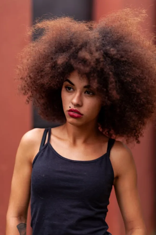 Woman with an Afro Hairstyle Wearing a Black Tank Top Image