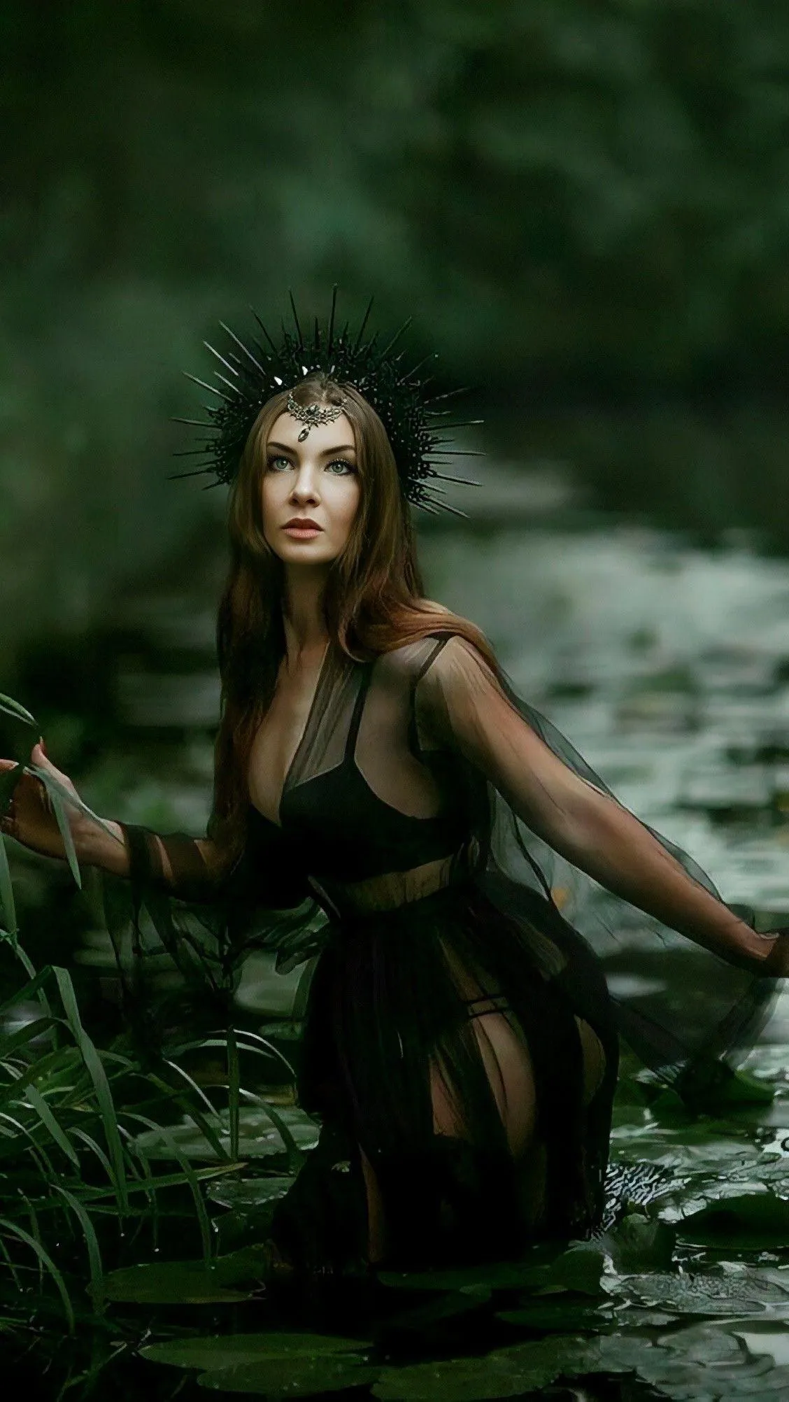 Woman in a Black Dress Kneeling in Water with Expression