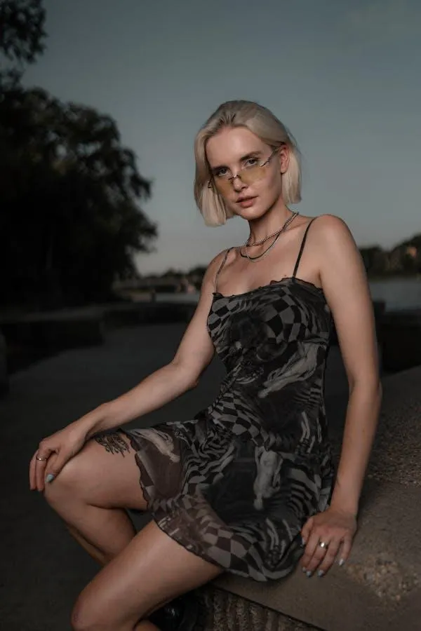 Woman in a Black Dress Sitting Confidently Outdoors At Dusk