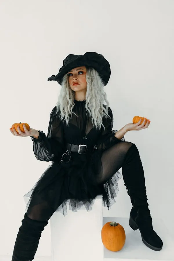 Woman in Black Outfit and Pumpkin with White Background