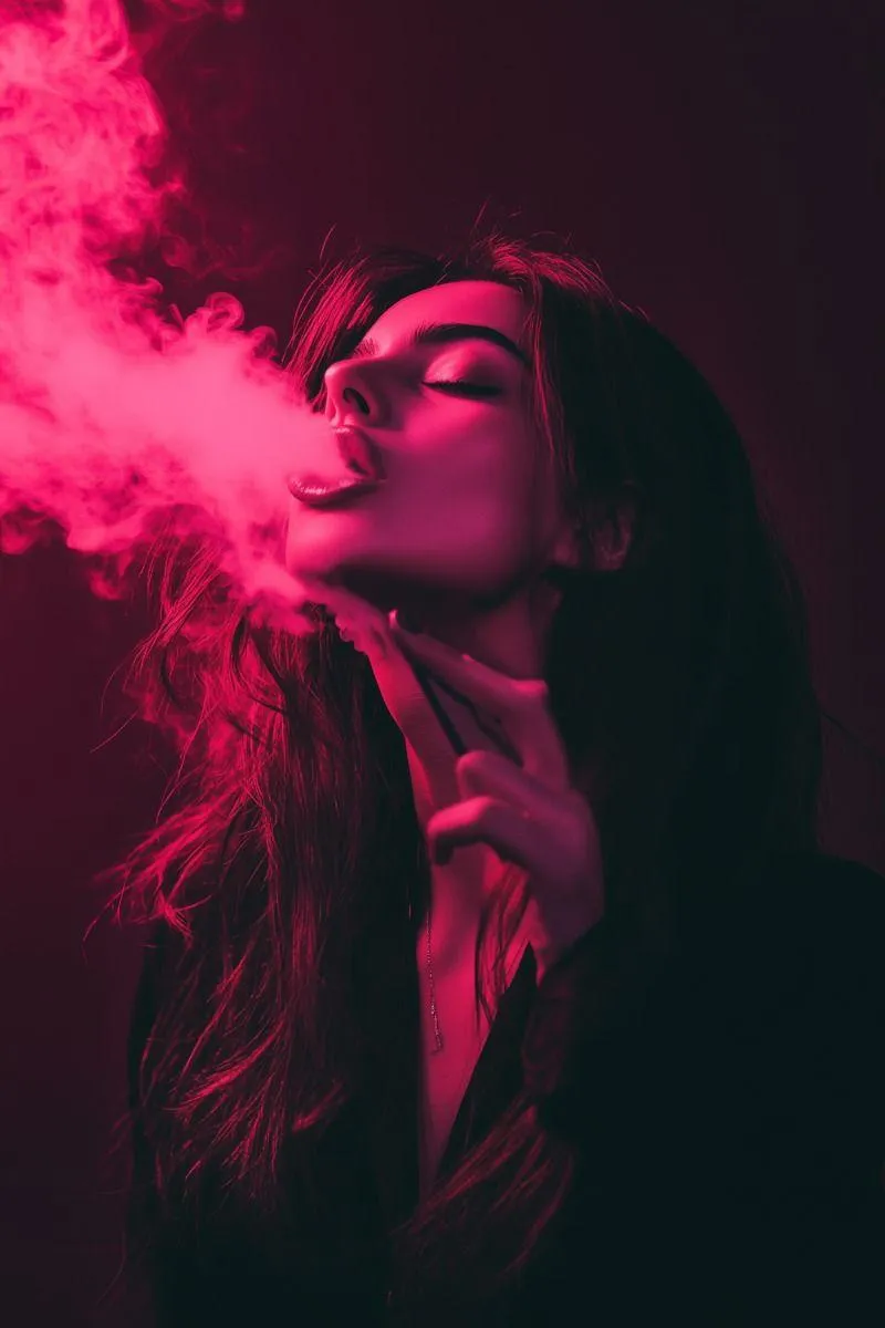 Woman Blowing Smoke in the Dramatic Pink and Dark Lighting